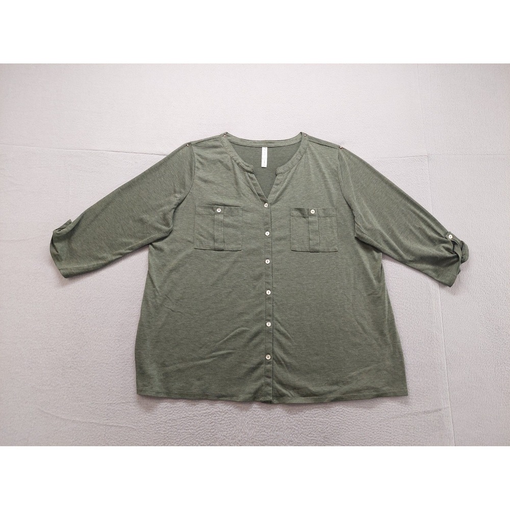Per Seption Women Top 2X Green Button Up V Neck Chest Pockets 3/4 Sleeve Casual‎